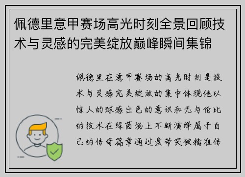 佩德里意甲赛场高光时刻全景回顾技术与灵感的完美绽放巅峰瞬间集锦