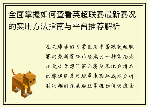 全面掌握如何查看英超联赛最新赛况的实用方法指南与平台推荐解析