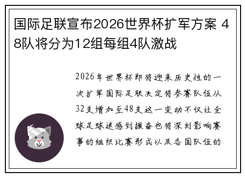 国际足联宣布2026世界杯扩军方案 48队将分为12组每组4队激战 国际足联宣布2026世界杯扩军方案 48队将分为12组每组4队激战